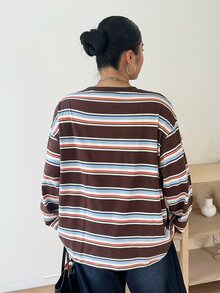 Livesso Curve Casual Loose Fit Round Neck Long Sleeve Striped T-Shirt, Plus Size, Street Style Vacation - Brown - View 2