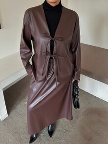 Livesso PU Leather Blogger Style Solid Color Casual Street Vacation Spring/Autumn 2 Pieces Set - Brown - View 8