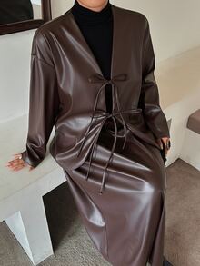 Livesso PU Leather Blogger Style Solid Color Casual Street Vacation Spring/Autumn 2 Pieces Set - Brown - View 5