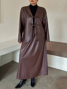 Livesso PU Leather Blogger Style Solid Color Casual Street Vacation Spring/Autumn 2 Pieces Set - Brown - View 3