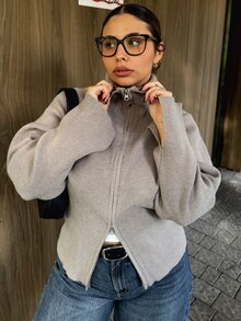 Livesso Curve 大码女式纯色休闲拉链宽翻领喇叭袖开衩下摆开衫，秋冬 - 駝色 - 查看 6