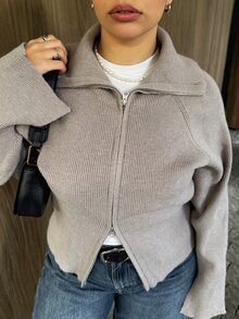 Livesso Curve 大码女式纯色休闲拉链宽翻领喇叭袖开衩下摆开衫，秋冬 - 駝色 - 查看 1