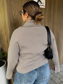 Livesso Curve 大码女式纯色休闲拉链宽翻领喇叭袖开衩下摆开衫，秋冬 - 駝色 - 查看 2