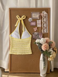 Elavelle Women's Jacquard Fabric Strap Starfish Decor Halter Top, Suitable For Spring/Summer (Only Top, Without Shorts) Beach Vacation Aqua Blue Tropical - Yellow - View 3