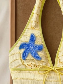 Elavelle Women's Jacquard Fabric Strap Starfish Decor Halter Top, Suitable For Spring/Summer (Only Top, Without Shorts) Beach Vacation Aqua Blue Tropical - Yellow - View 4