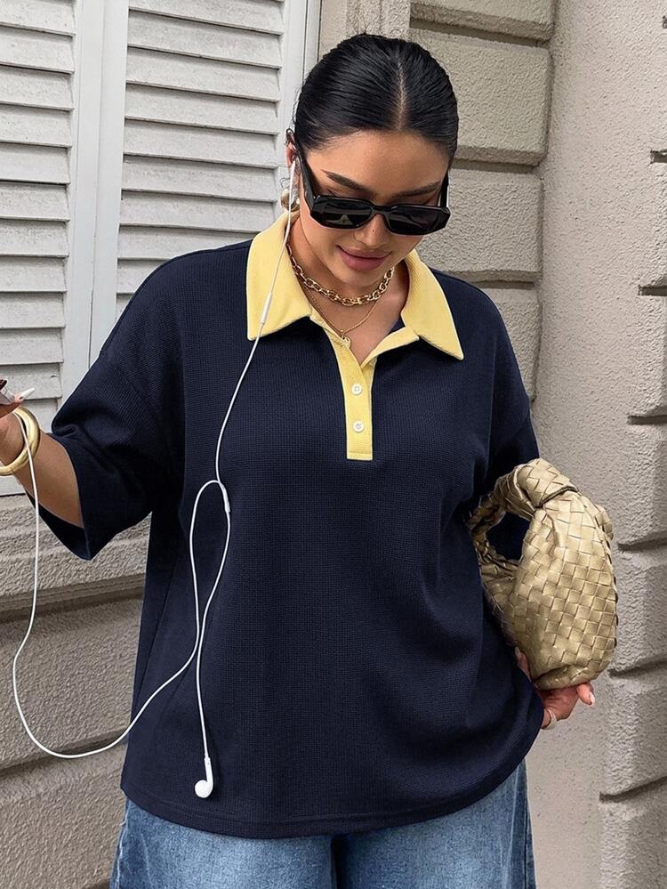 Livesso Contrast Color Patchwork Loose Striped Polo Collar Mid-Sleeve Casual Summer Plus Size Women's T-Shirt - Navy Blue - View 5