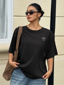 Livesso Curve Loose Fit Letter Print Crew Neck Casual Plus Size Brown T-Shirt For Women, Spring/Summer - Black - View 1