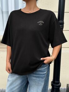 Livesso Curve Loose Fit Letter Print Crew Neck Casual Plus Size Brown T-Shirt For Women, Spring/Summer - Black - View 4