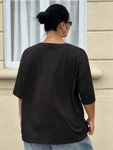 Livesso Curve Loose Fit Letter Print Crew Neck Casual Plus Size Brown T-Shirt For Women, Spring/Summer - Black - View 5