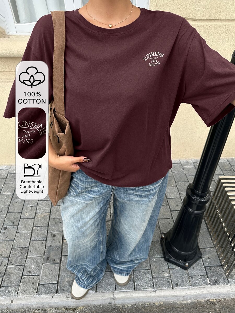 Livesso Curve Loose Fit Letter Print Crew Neck Casual Plus Size Brown T-Shirt For Women, Spring/Summer - Burgundy - View 1