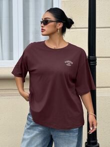Livesso Curve Loose Fit Letter Print Crew Neck Casual Plus Size Brown T-Shirt For Women, Spring/Summer - Burgundy - View 4