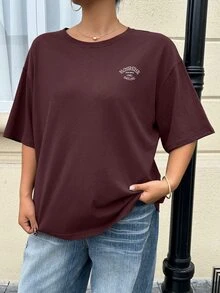 Livesso Curve Loose Fit Letter Print Crew Neck Casual Plus Size Brown T-Shirt For Women, Spring/Summer - Burgundy - View 5