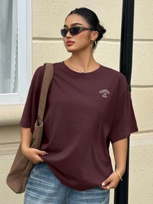 Livesso Curve Loose Fit Letter Print Crew Neck Casual Plus Size Brown T-Shirt For Women, Spring/Summer - Burgundy - View 7