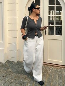 Livesso Tight Cropped Sexy Minimalist Long Sleeve Ribbed T-Shirt, Plus Size For Spring/Summer - Dark Grey - View 8