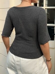 Livesso Tight Cropped Sexy Minimalist Long Sleeve Ribbed T-Shirt, Plus Size For Spring/Summer - Dark Grey - View 4