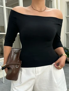 Livesso Plus Size Solid Color Off-Shoulder Fitted Elegant Fashion T-Shirt Summer Going Out Tops - Black - View 6