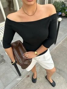 Livesso Plus Size Solid Color Off-Shoulder Fitted Elegant Fashion T-Shirt Summer Going Out Tops - Black - View 5