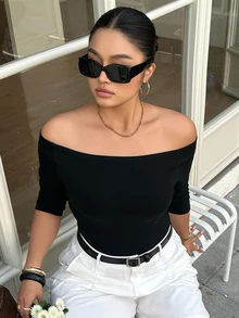 Livesso Plus Size Solid Color Off-Shoulder Fitted Elegant Fashion T-Shirt Summer Going Out Tops - Black - View 3
