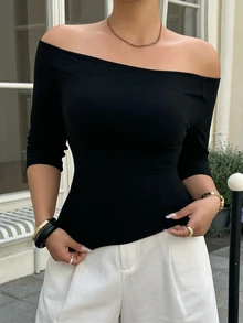 Livesso Plus Size Solid Color Off-Shoulder Fitted Elegant Fashion T-Shirt Summer Going Out Tops - Black - View 7