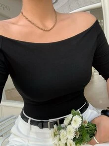 Livesso Plus Size Solid Color Off-Shoulder Fitted Elegant Fashion T-Shirt Summer Going Out Tops - Black - View 2