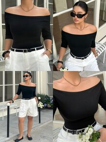 Livesso Plus Size Solid Color Off-Shoulder Fitted Elegant Fashion T-Shirt Summer Going Out Tops - Black - View 9