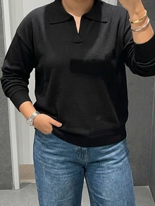 Livesso Fun Commute 女款大尺碼拼接撞色 Polo 領休閒優雅短袖針織上衣 春夏晚宴雞尾酒風 黑色 - 黑色 - 查看 7