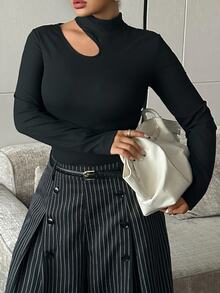 Livesso Solid Color High Neck Hollow Out Slim Fit Sexy Top Spring Autumn New Black T-Shirt - Black - View 4