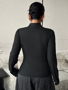 Livesso Solid Color High Neck Hollow Out Slim Fit Sexy Top Spring Autumn New Black T-Shirt - Black - View 2