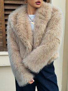 Livesso Elegant Autumn/Winter New Thickened Short Jacket Brown Faux Fur Coat - Apricot - View 8