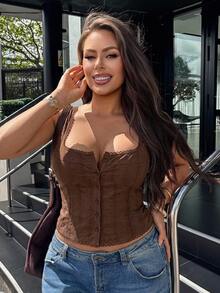 Livesso 女款拼接蕾絲飾邊收腰短版方領休閒度假背心上衣 春夏季 - 棕色 - 查看 3