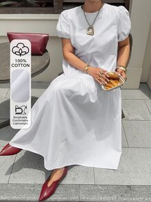 Livesso 大尺碼女款白色圓領純色休閒優雅度假風長洋裝，春夏早午餐穿搭 - 白色 - 查看 1