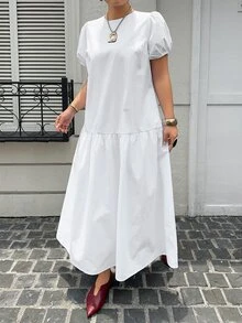 Livesso 大尺碼女款白色圓領純色休閒優雅度假風長洋裝，春夏早午餐穿搭 - 白色 - 查看 7