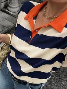 Livesso Colorblock Patchwork Loose Striped Polo Collar Mid-Sleeve Casual Summer T-Shirt Plus Size Women Graphic Tees - Blue and White - View 1