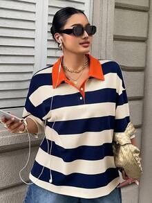 Livesso Colorblock Patchwork Loose Striped Polo Collar Mid-Sleeve Casual Summer T-Shirt Plus Size Women Graphic Tees - Blue and White - View 2