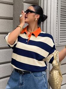 Livesso Colorblock Patchwork Loose Striped Polo Collar Mid-Sleeve Casual Summer T-Shirt Plus Size Women Graphic Tees - Blue and White - View 5