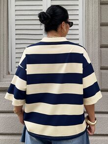 Livesso Color Block Striped Loose Polo Collar Short Sleeve T-Shirt, Casual Summer Wear For Plus Size Women Graphic Tee - Blue and White - View 4