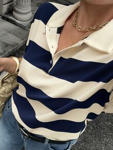 Livesso Color Block Striped Loose Polo Collar Short Sleeve T-Shirt, Casual Summer Wear For Plus Size Women Graphic Tee - Blue and White - View 1