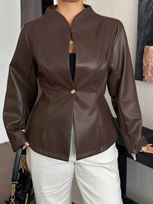 Livesso PU Leather Elegant Blogger Casual Waist-Cinching Spring/Autumn New Jacket - Brown - View 4