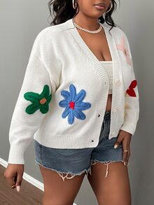 Slaydiva Plus Size Casual Fun Colorful 3D Floral Decor V-Neck Loose Knit Cardigan Sweater For Autumn/Winter - White - View 6