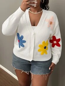 Slaydiva Plus Size Casual Fun Colorful 3D Floral Decor V-Neck Loose Knit Cardigan Sweater For Autumn/Winter - White - View 5