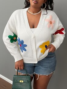 Slaydiva Plus Size Casual Fun Colorful 3D Floral Decor V-Neck Loose Knit Cardigan Sweater For Autumn/Winter - White - View 4