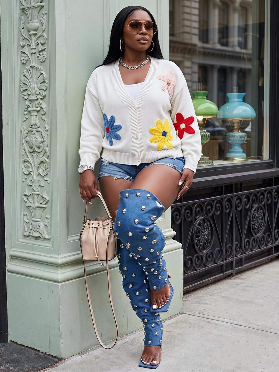 Slaydiva Plus Size Casual Fun Colorful 3D Floral Decor V-Neck Loose Knit Cardigan Sweater For Autumn/Winter - White - View 1