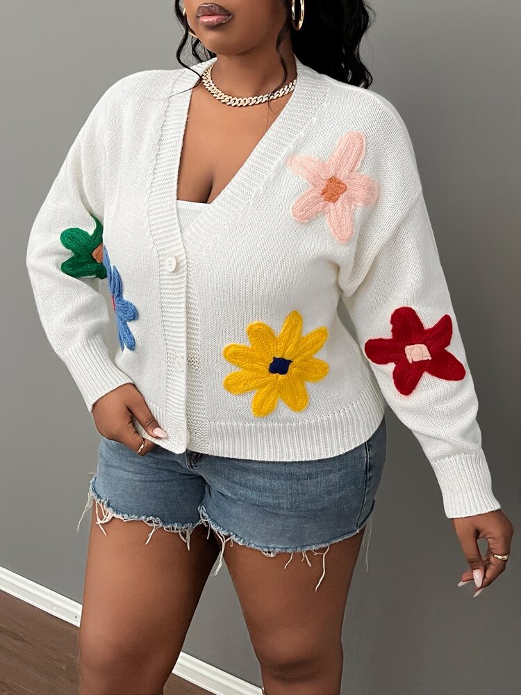 Slaydiva Plus Size Casual Fun Colorful 3D Floral Decor V-Neck Loose Knit Cardigan Sweater For Autumn/Winter - White - View 7