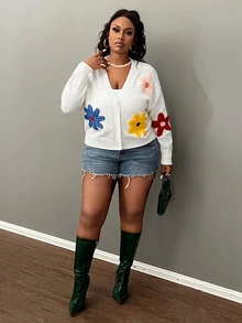 Slaydiva Plus Size Casual Fun Colorful 3D Floral Decor V-Neck Loose Knit Cardigan Sweater For Autumn/Winter - White - View 3