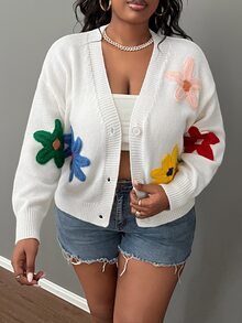 Slaydiva Plus Size Casual Fun Colorful 3D Floral Decor V-Neck Loose Knit Cardigan Sweater For Autumn/Winter - White - View 8