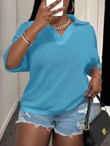 Slaydiva Camiseta de punto de talla grande para mujer, corte holgado, color liso, cuello en V, hombros caídos, calada, para primavera/verano, formal, vacaciones, azul, casual, suave, de forma decente - Azul - Ver 9