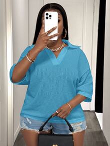 Slaydiva Camiseta de punto de talla grande para mujer, corte holgado, color liso, cuello en V, hombros caídos, calada, para primavera/verano, formal, vacaciones, azul, casual, suave, de forma decente - Azul - Ver 7