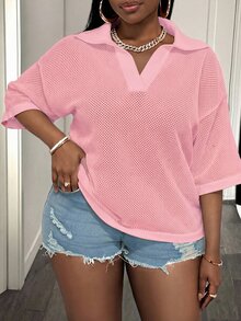 Slaydiva Loose Fit Solid Color V-Neck Drop Shoulder Hollow Out Knit Casual 70's 80s 90s Traditional Blouse For Plus Size Women Spring Summer Pastel Pink - Pink - View 9