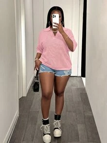 Slaydiva Loose Fit Solid Color V-Neck Drop Shoulder Hollow Out Knit Casual 70's 80s 90s Traditional Blouse For Plus Size Women Spring Summer Pastel Pink - Pink - View 4