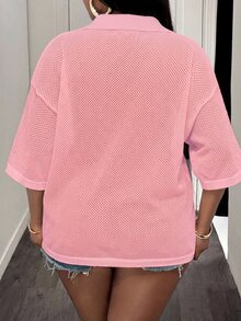 Slaydiva Loose Fit Solid Color V-Neck Drop Shoulder Hollow Out Knit Casual 70's 80s 90s Traditional Blouse For Plus Size Women Spring Summer Pastel Pink - Pink - View 2